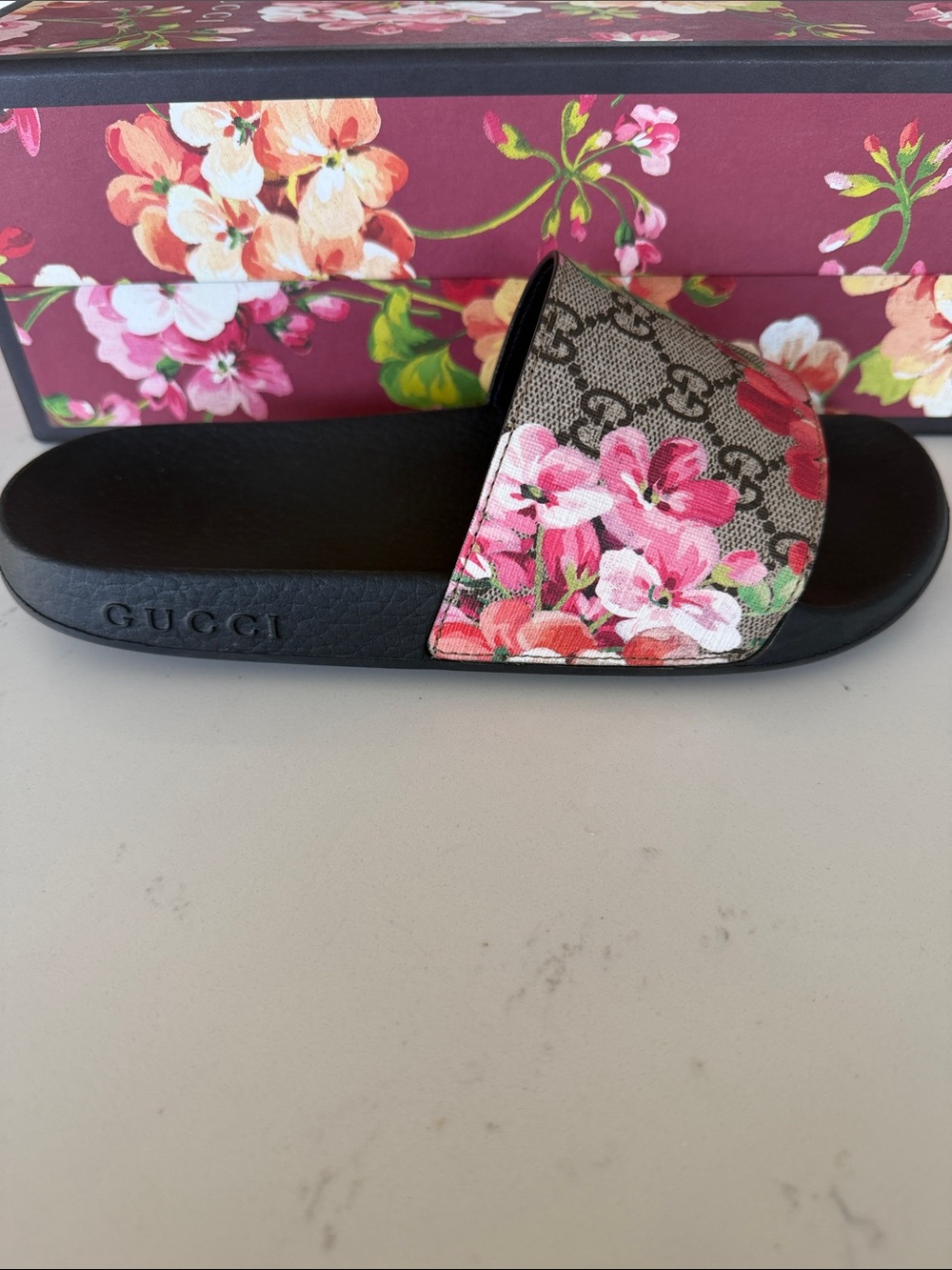 Real Gucci Floral GG Canvas Slide Sandals - Pink, Green - Picture 5 of 8